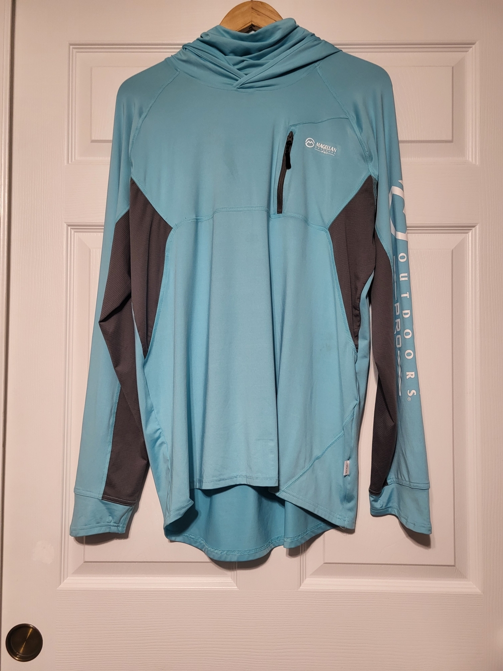 Magellan Outdoors Pro Angler Fishing Hoodie Mens L Blue Gaiter Sun Shirt UPF